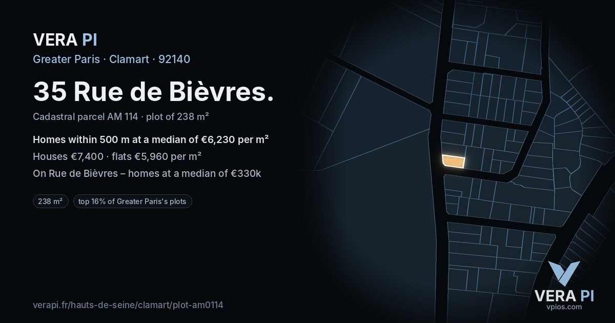 35 Rue de Bièvres, Clamart at night – the plot lit, the parcels around coloured by the prices near them