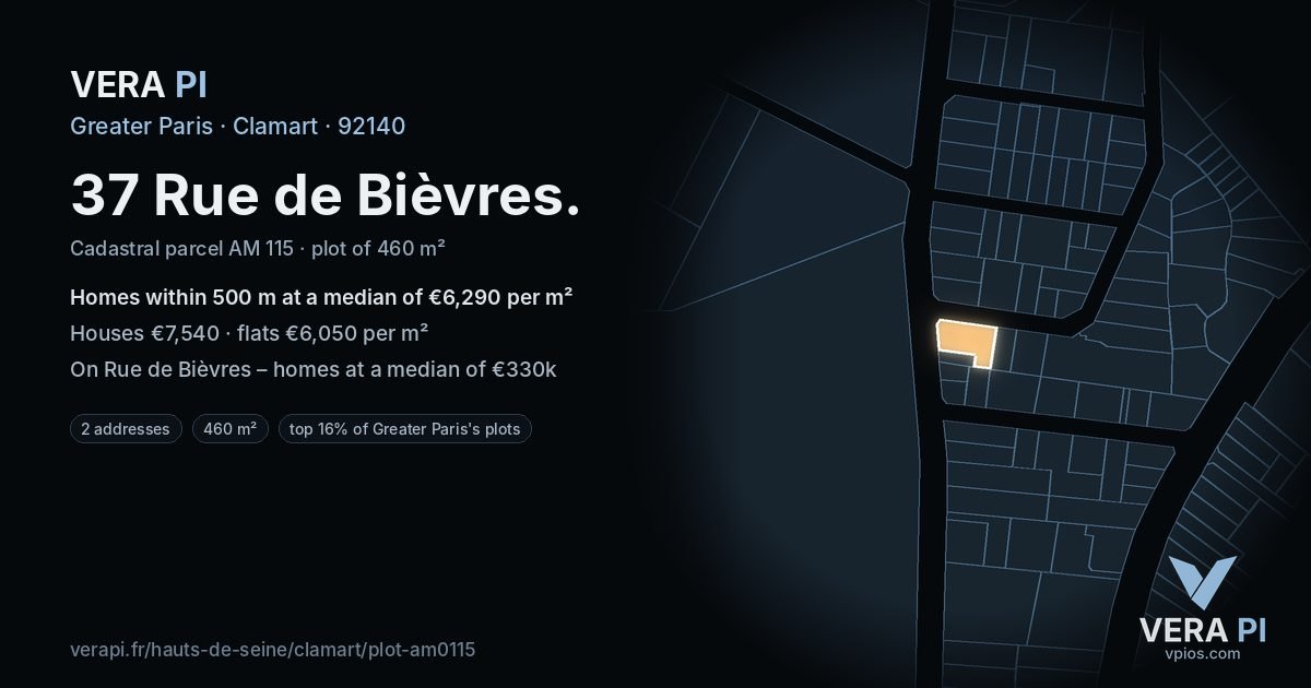 37 Rue de Bièvres, Clamart at night – the plot lit, the parcels around coloured by the prices near them