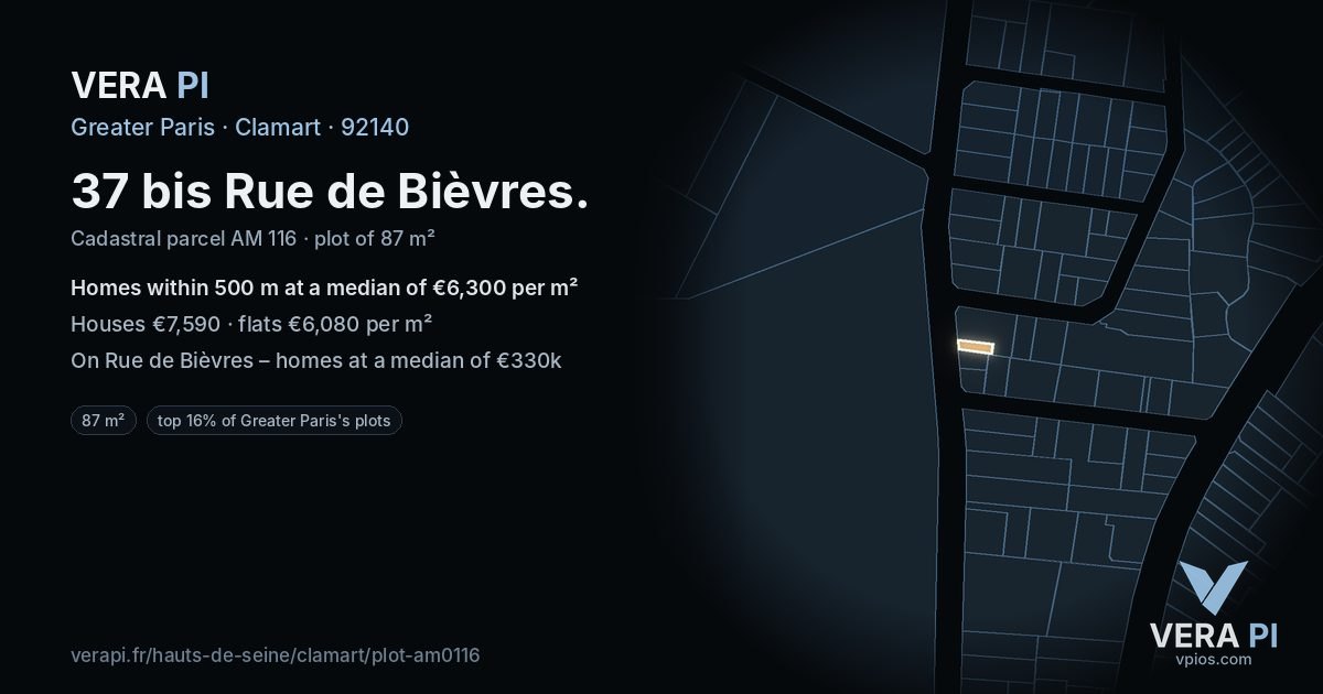 37 bis Rue de Bièvres, Clamart at night – the plot lit, the parcels around coloured by the prices near them