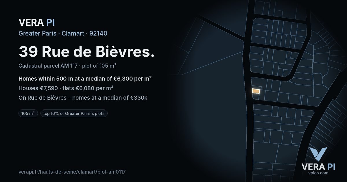39 Rue de Bièvres, Clamart at night – the plot lit, the parcels around coloured by the prices near them