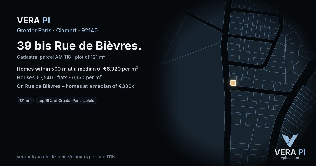 39 bis Rue de Bièvres, Clamart at night – the plot lit, the parcels around coloured by the prices near them