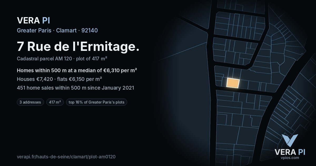7 Rue de l'Ermitage, Clamart at night – the plot lit, the parcels around coloured by the prices near them