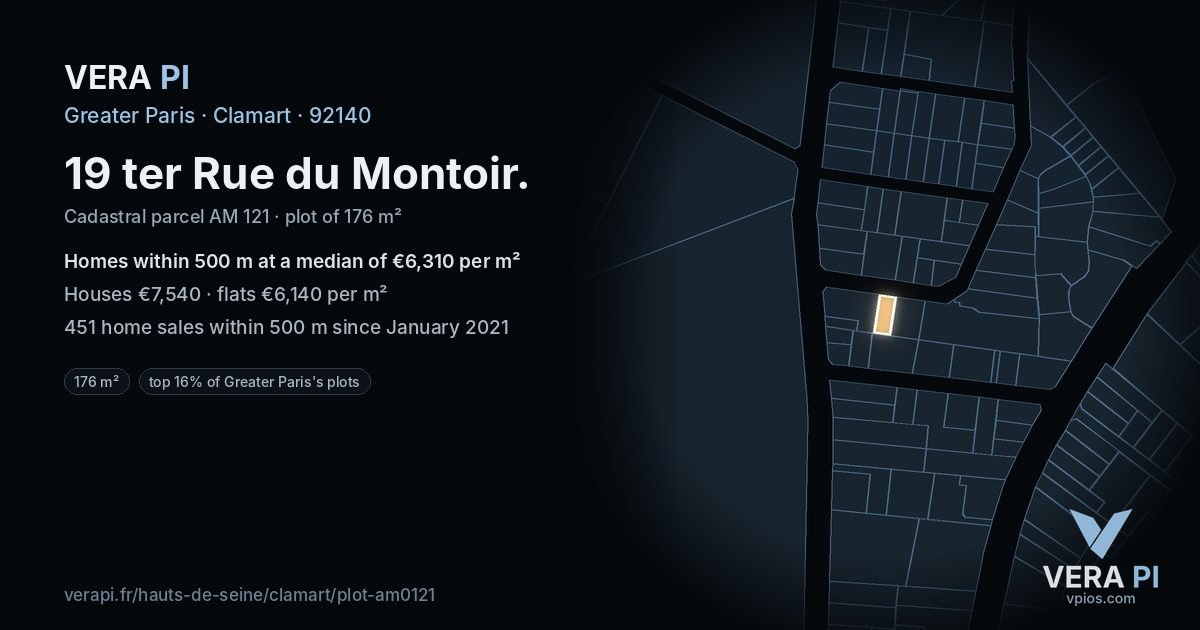 19 ter Rue du Montoir, Clamart at night – the plot lit, the parcels around coloured by the prices near them