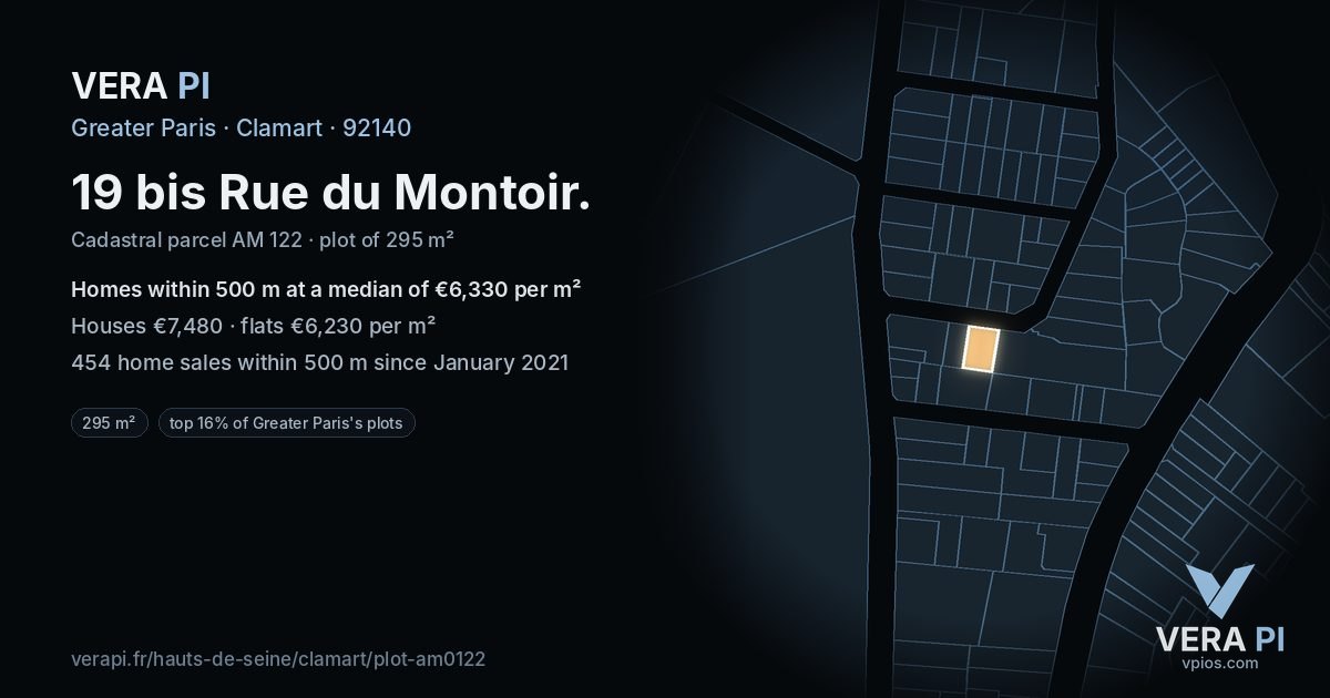 19 bis Rue du Montoir, Clamart at night – the plot lit, the parcels around coloured by the prices near them