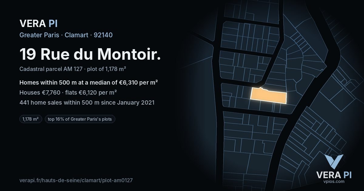 19 Rue du Montoir, Clamart at night – the plot lit, the parcels around coloured by the prices near them