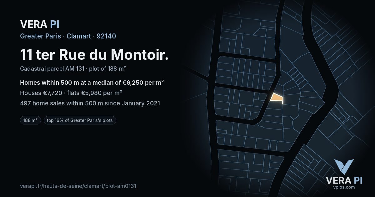11 ter Rue du Montoir, Clamart at night – the plot lit, the parcels around coloured by the prices near them