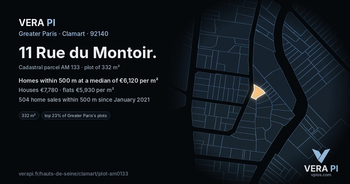 11 Rue du Montoir, Clamart at night – the plot lit, the parcels around coloured by the prices near them