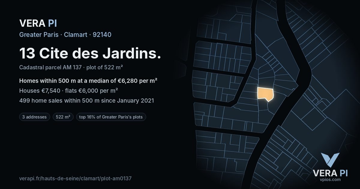 13 Cite des Jardins, Clamart at night – the plot lit, the parcels around coloured by the prices near them