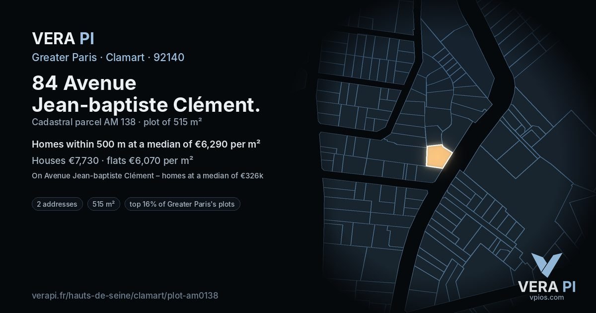84 Avenue Jean-baptiste Clément, Clamart at night – the plot lit, the parcels around coloured by the prices near them