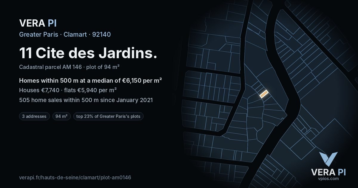 11 Cite des Jardins, Clamart at night – the plot lit, the parcels around coloured by the prices near them