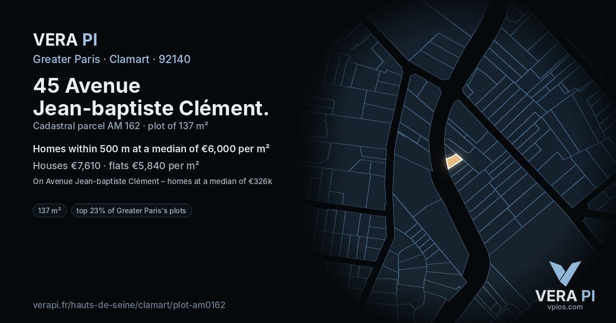 45 Avenue Jean-baptiste Clément, Clamart at night – the plot lit, the parcels around coloured by the prices near them