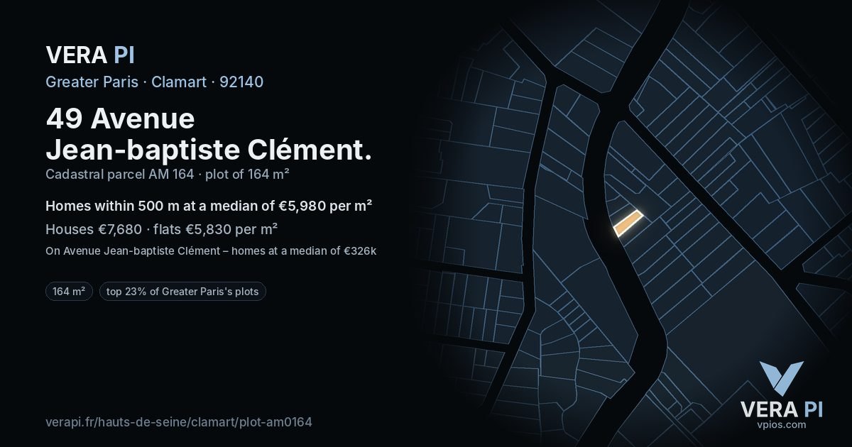 49 Avenue Jean-baptiste Clément, Clamart at night – the plot lit, the parcels around coloured by the prices near them