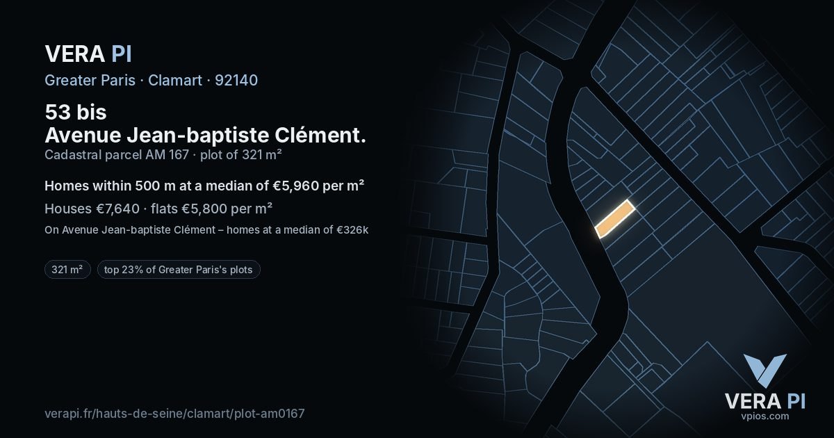 53 bis Avenue Jean-baptiste Clément, Clamart at night – the plot lit, the parcels around coloured by the prices near them