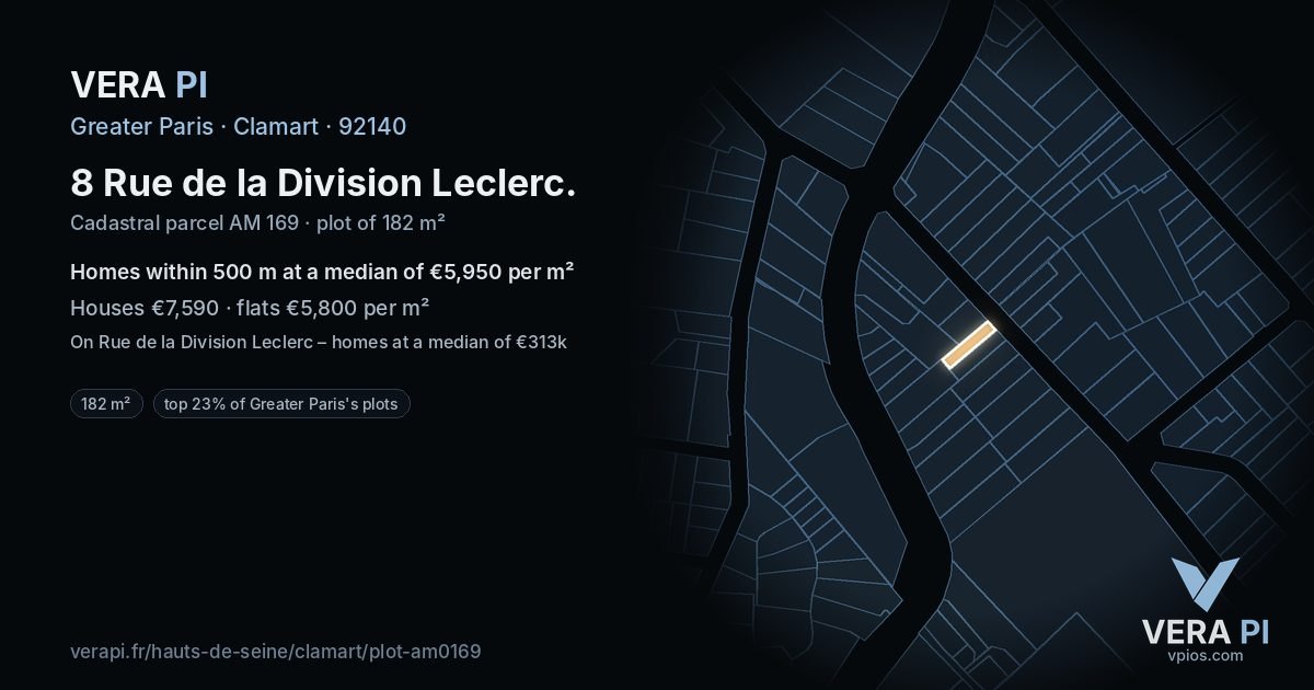 8 Rue de la Division Leclerc, Clamart at night – the plot lit, the parcels around coloured by the prices near them