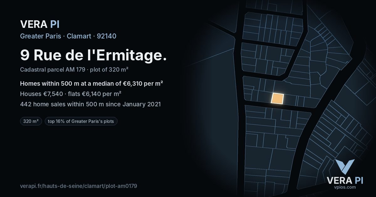 9 Rue de l'Ermitage, Clamart at night – the plot lit, the parcels around coloured by the prices near them