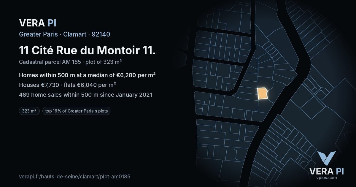 11 Cité Rue du Montoir 11, Clamart at night – the plot lit, the parcels around coloured by the prices near them