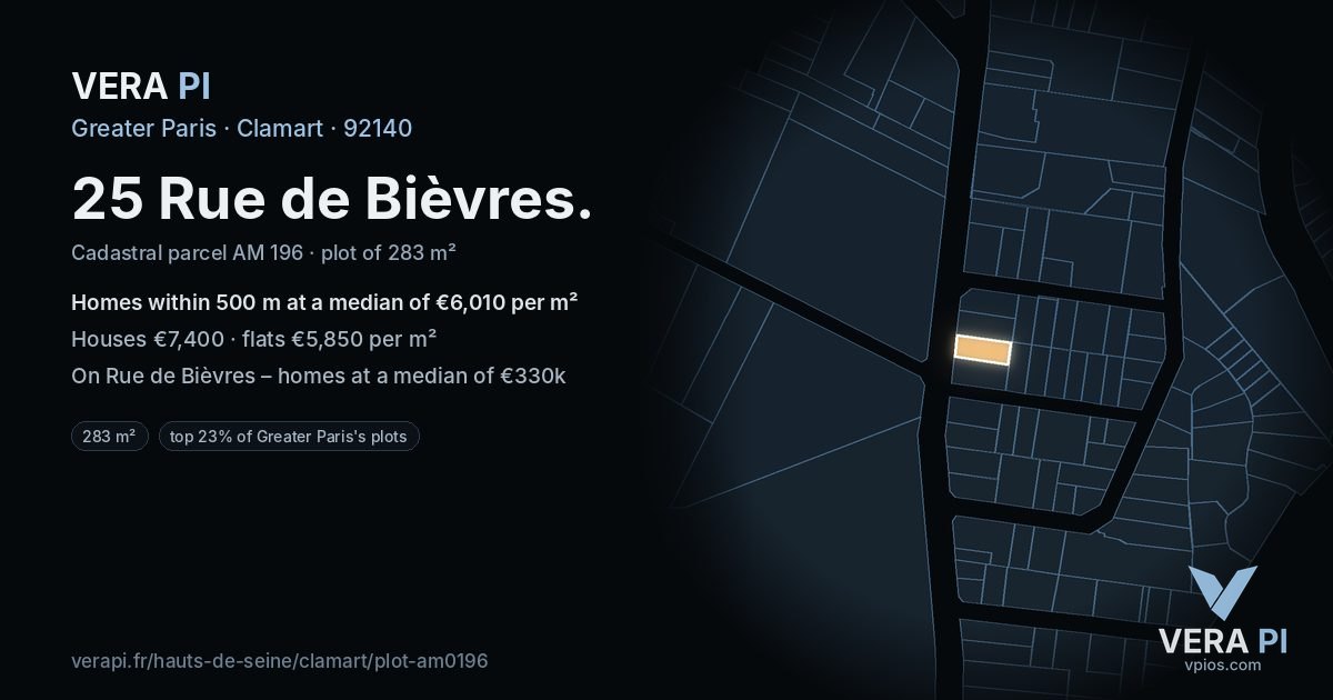 25 Rue de Bièvres, Clamart at night – the plot lit, the parcels around coloured by the prices near them