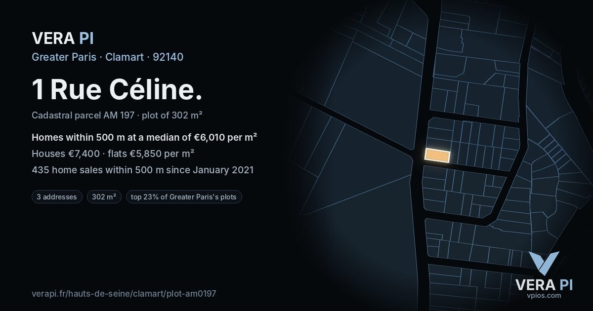 1 Rue Céline, Clamart at night – the plot lit, the parcels around coloured by the prices near them
