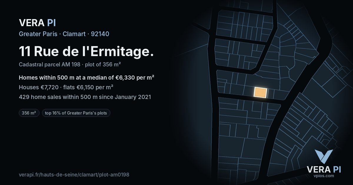 11 Rue de l'Ermitage, Clamart at night – the plot lit, the parcels around coloured by the prices near them