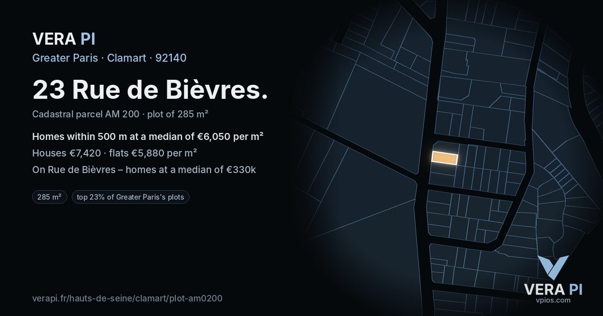 23 Rue de Bièvres, Clamart at night – the plot lit, the parcels around coloured by the prices near them