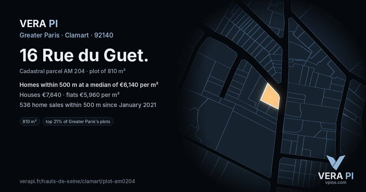 16 Rue du Guet, Clamart at night – the plot lit, the parcels around coloured by the prices near them