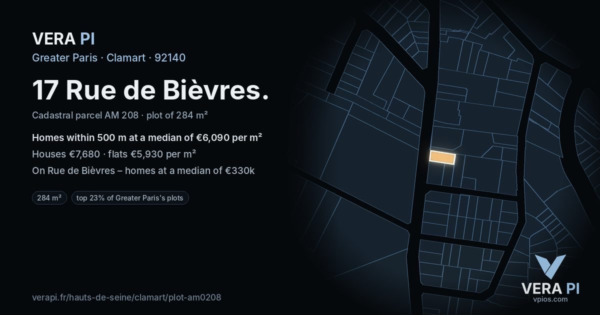 17 Rue de Bièvres, Clamart at night – the plot lit, the parcels around coloured by the prices near them