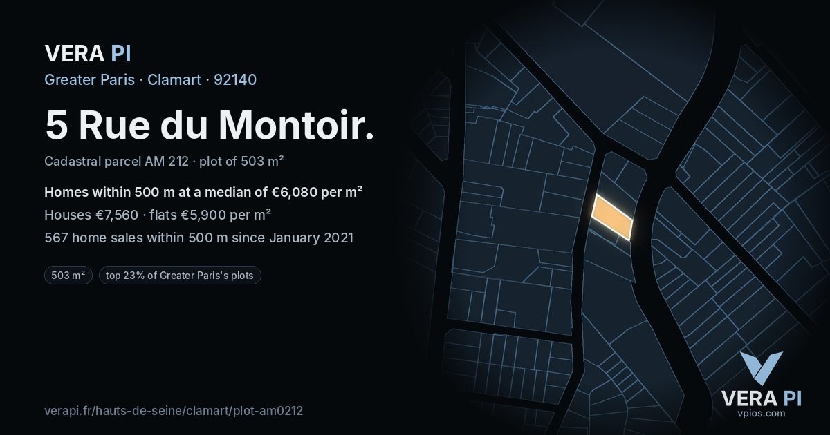 5 Rue du Montoir, Clamart at night – the plot lit, the parcels around coloured by the prices near them