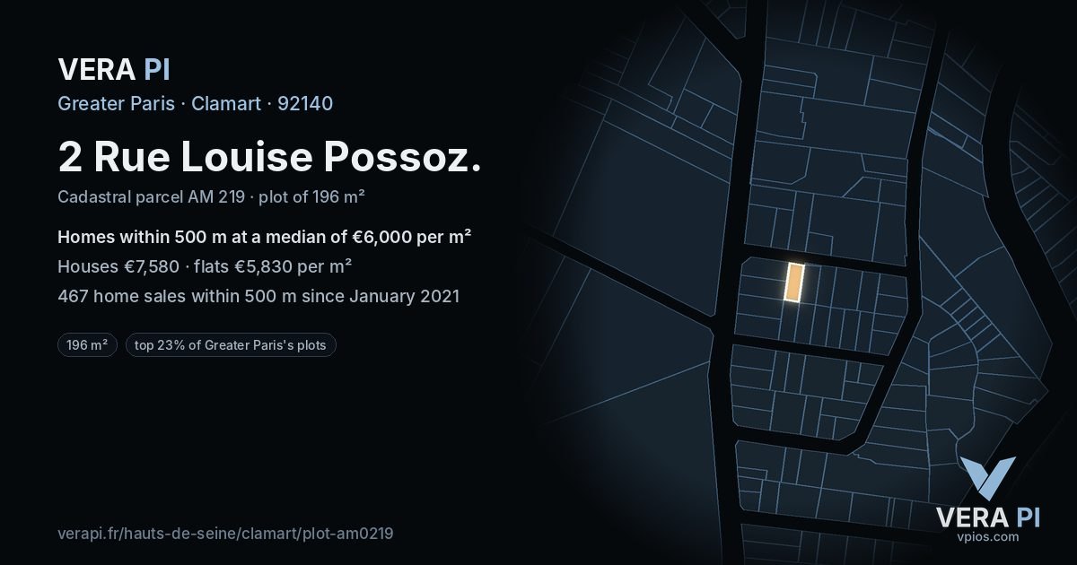 2 Rue Louise Possoz, Clamart at night – the plot lit, the parcels around coloured by the prices near them