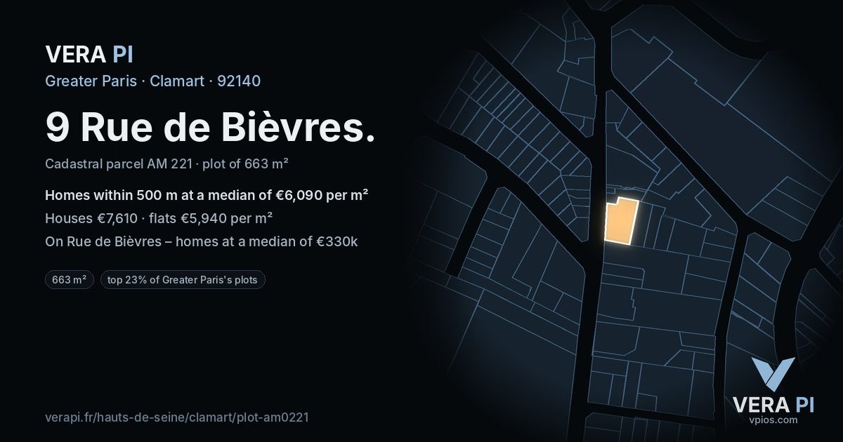 9 Rue de Bièvres, Clamart at night – the plot lit, the parcels around coloured by the prices near them