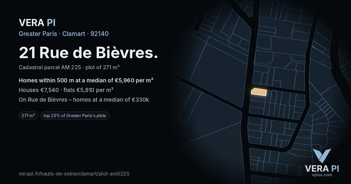 21 Rue de Bièvres, Clamart at night – the plot lit, the parcels around coloured by the prices near them