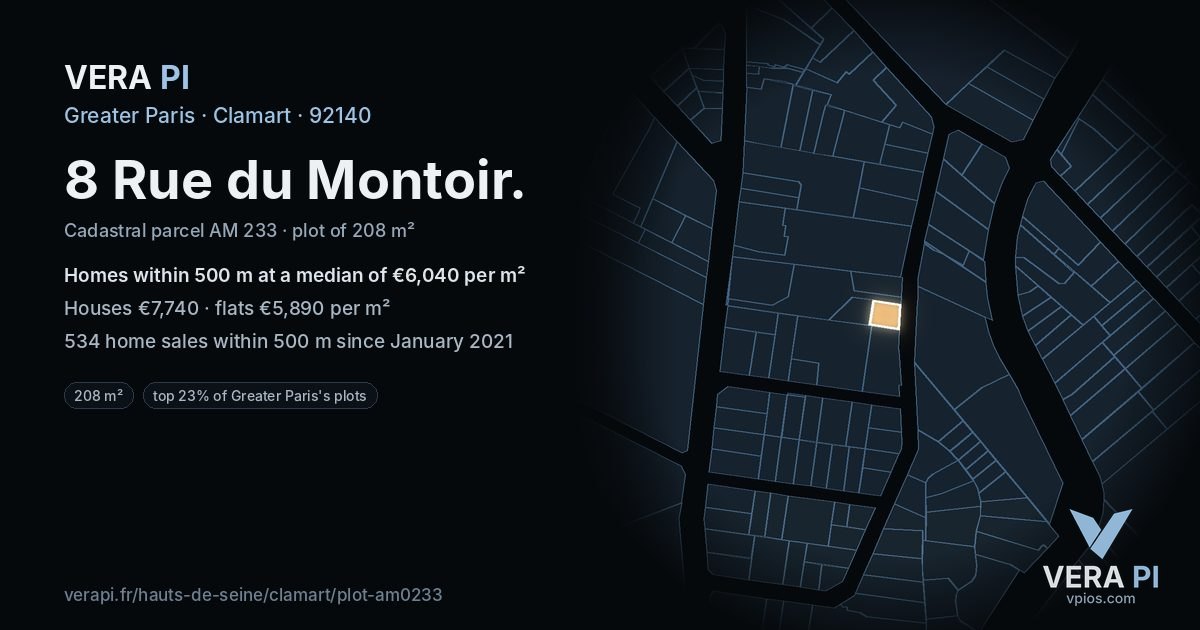 8 Rue du Montoir, Clamart at night – the plot lit, the parcels around coloured by the prices near them