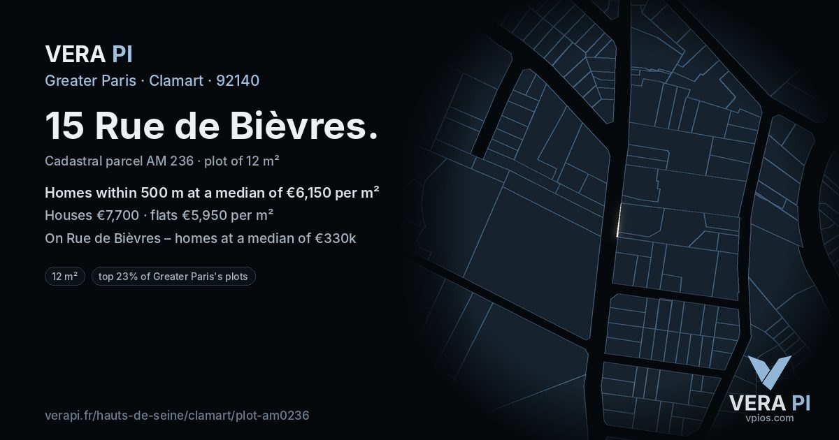 15 Rue de Bièvres, Clamart at night – the plot lit, the parcels around coloured by the prices near them