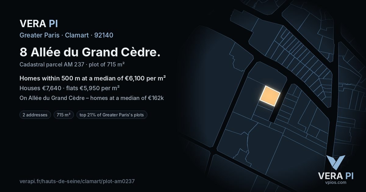 8 Allée du Grand Cèdre, Clamart at night – the plot lit, the parcels around coloured by the prices near them