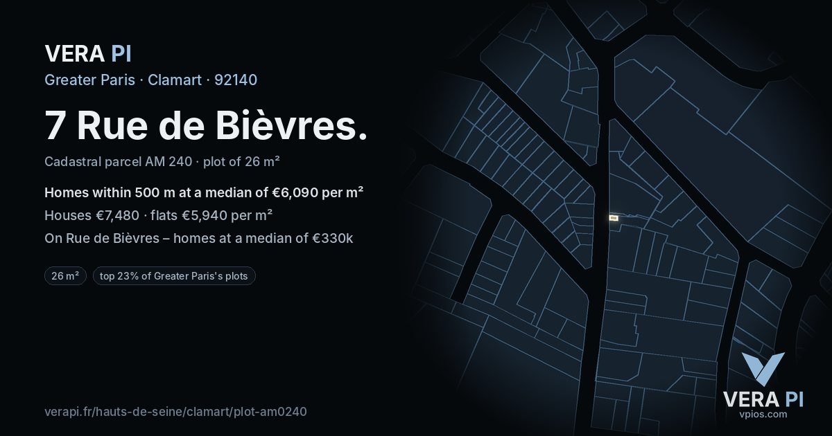 7 Rue de Bièvres, Clamart at night – the plot lit, the parcels around coloured by the prices near them