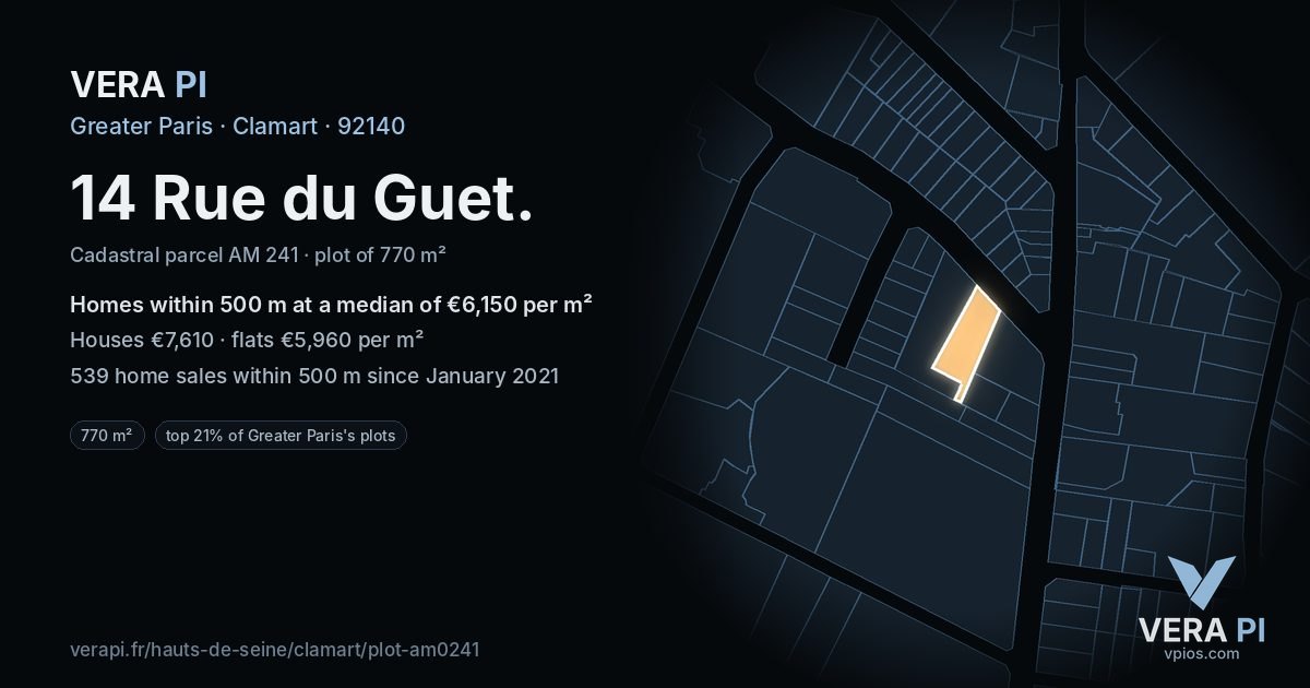 14 Rue du Guet, Clamart at night – the plot lit, the parcels around coloured by the prices near them