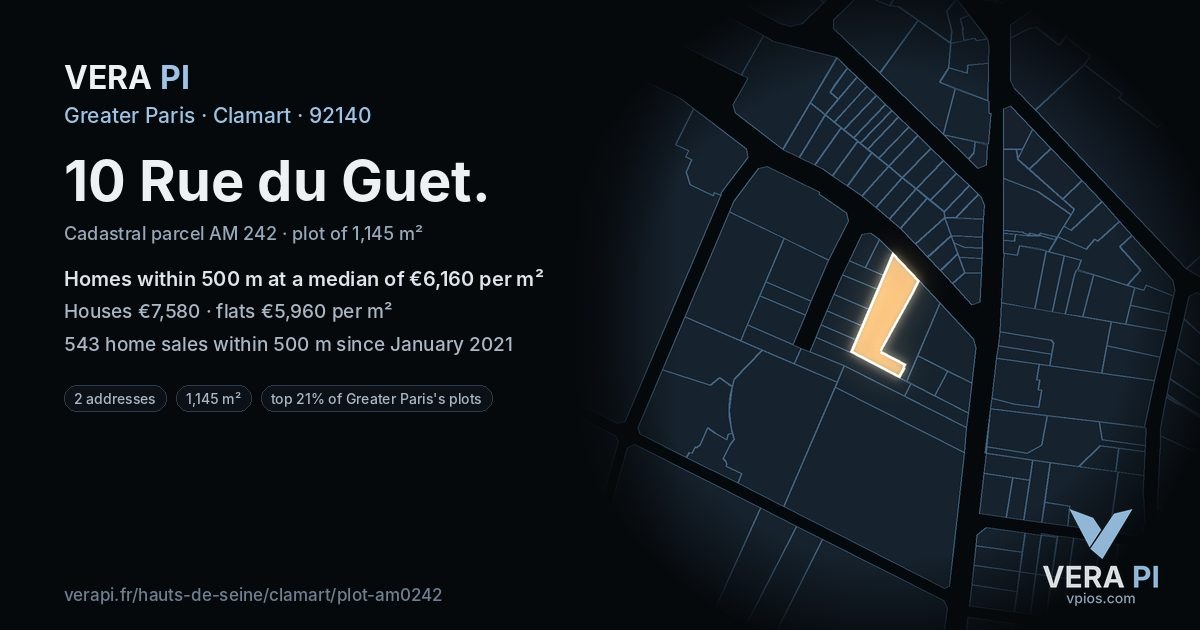 10 Rue du Guet, Clamart at night – the plot lit, the parcels around coloured by the prices near them