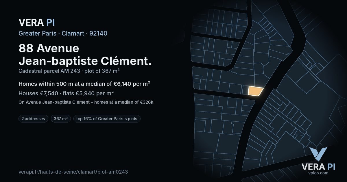 88 Avenue Jean-baptiste Clément, Clamart at night – the plot lit, the parcels around coloured by the prices near them