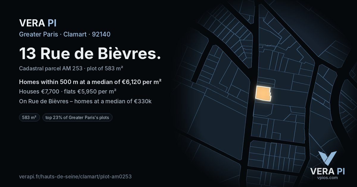 13 Rue de Bièvres, Clamart at night – the plot lit, the parcels around coloured by the prices near them