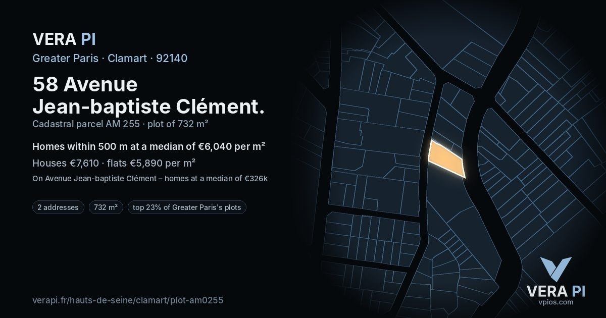 58 Avenue Jean-baptiste Clément, Clamart at night – the plot lit, the parcels around coloured by the prices near them