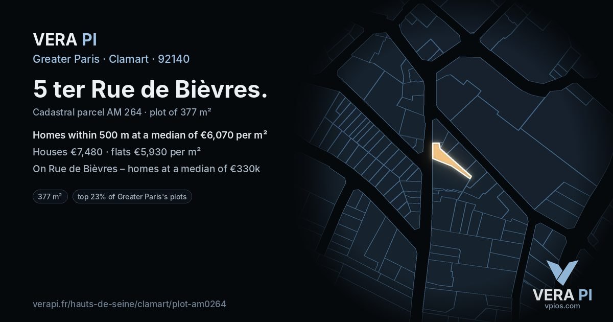 5 ter Rue de Bièvres, Clamart at night – the plot lit, the parcels around coloured by the prices near them