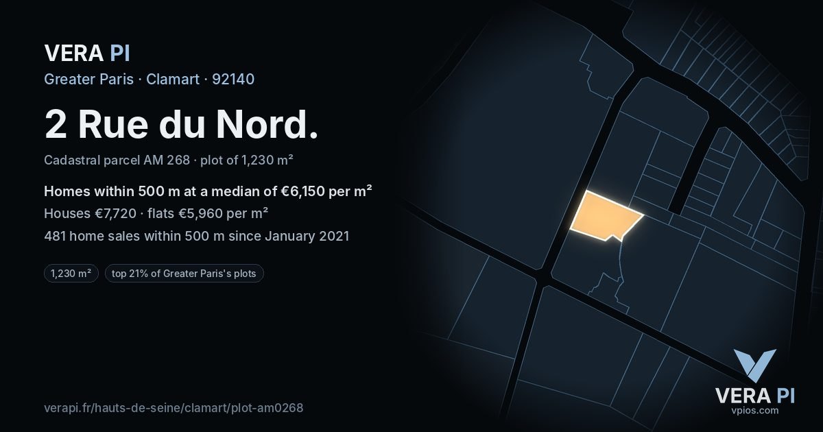 2 Rue du Nord, Clamart at night – the plot lit, the parcels around coloured by the prices near them