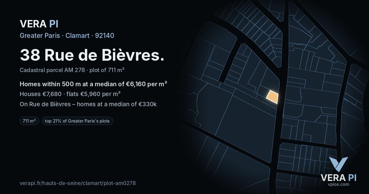 38 Rue de Bièvres, Clamart at night – the plot lit, the parcels around coloured by the prices near them