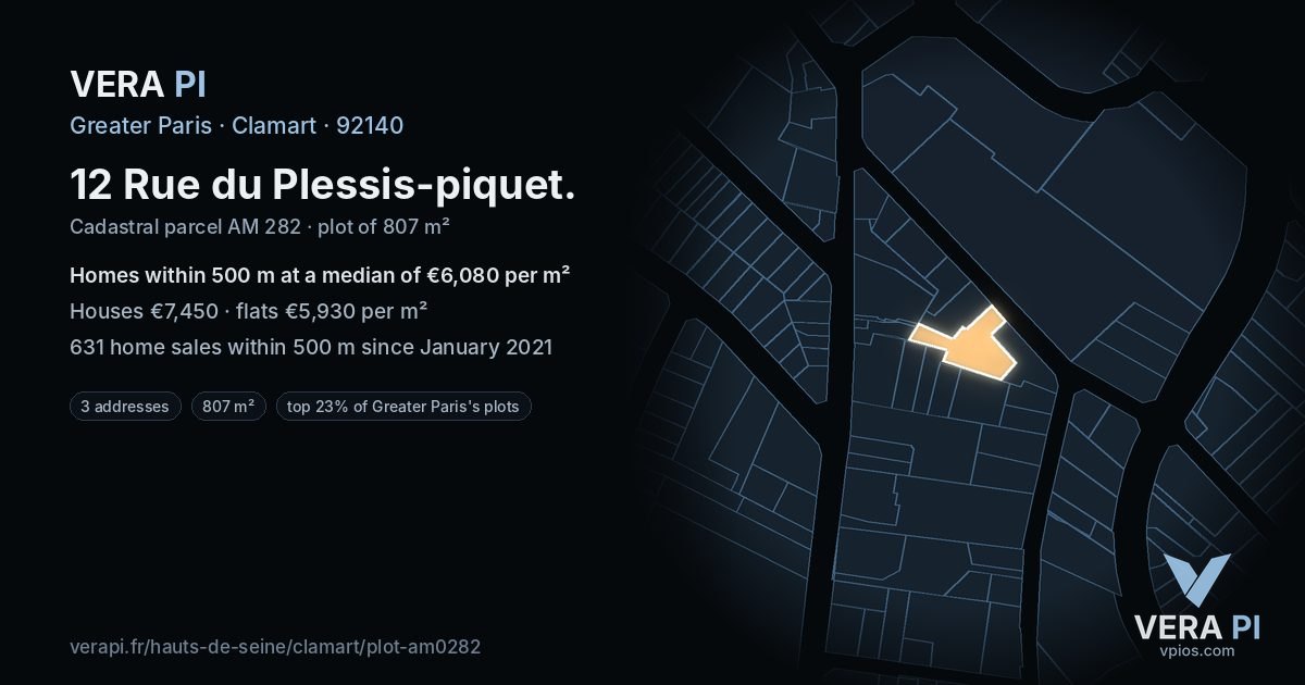 12 Rue du Plessis-piquet, Clamart at night – the plot lit, the parcels around coloured by the prices near them