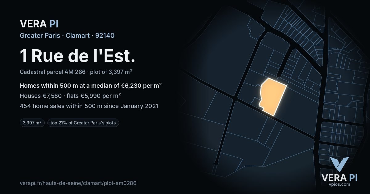 1 Rue de l'Est, Clamart at night – the plot lit, the parcels around coloured by the prices near them