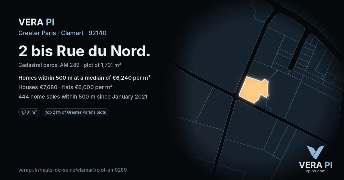 2 bis Rue du Nord, Clamart at night – the plot lit, the parcels around coloured by the prices near them