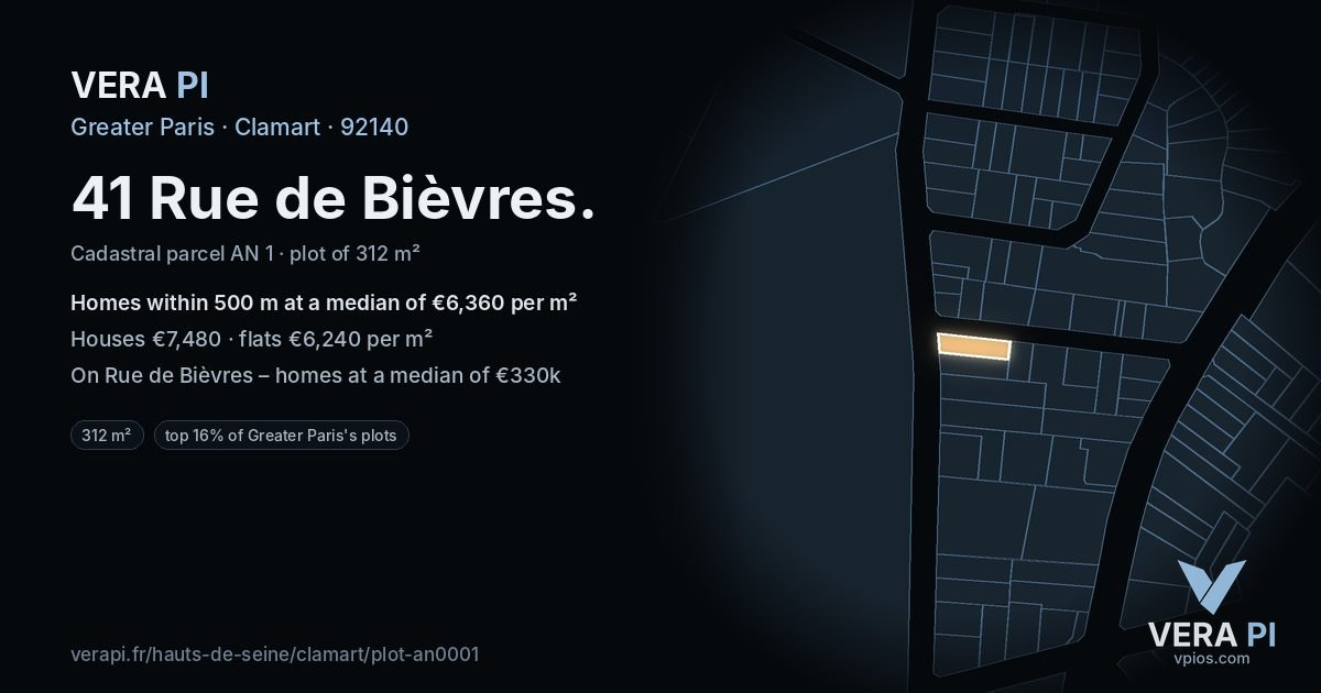 41 Rue de Bièvres, Clamart at night – the plot lit, the parcels around coloured by the prices near them