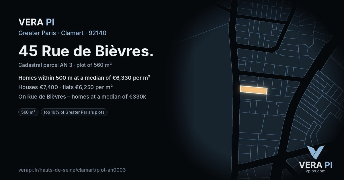 45 Rue de Bièvres, Clamart at night – the plot lit, the parcels around coloured by the prices near them