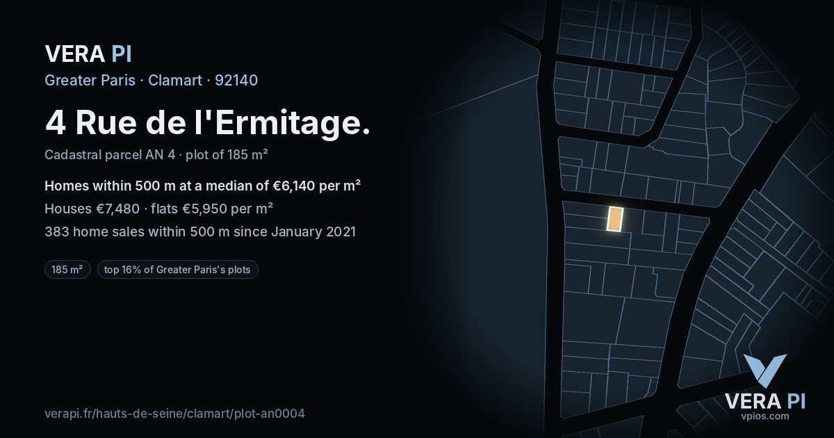 4 Rue de l'Ermitage, Clamart at night – the plot lit, the parcels around coloured by the prices near them