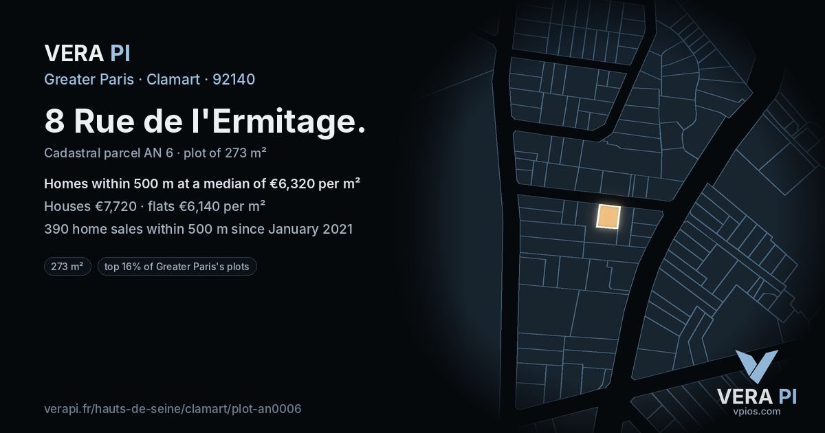 8 Rue de l'Ermitage, Clamart at night – the plot lit, the parcels around coloured by the prices near them