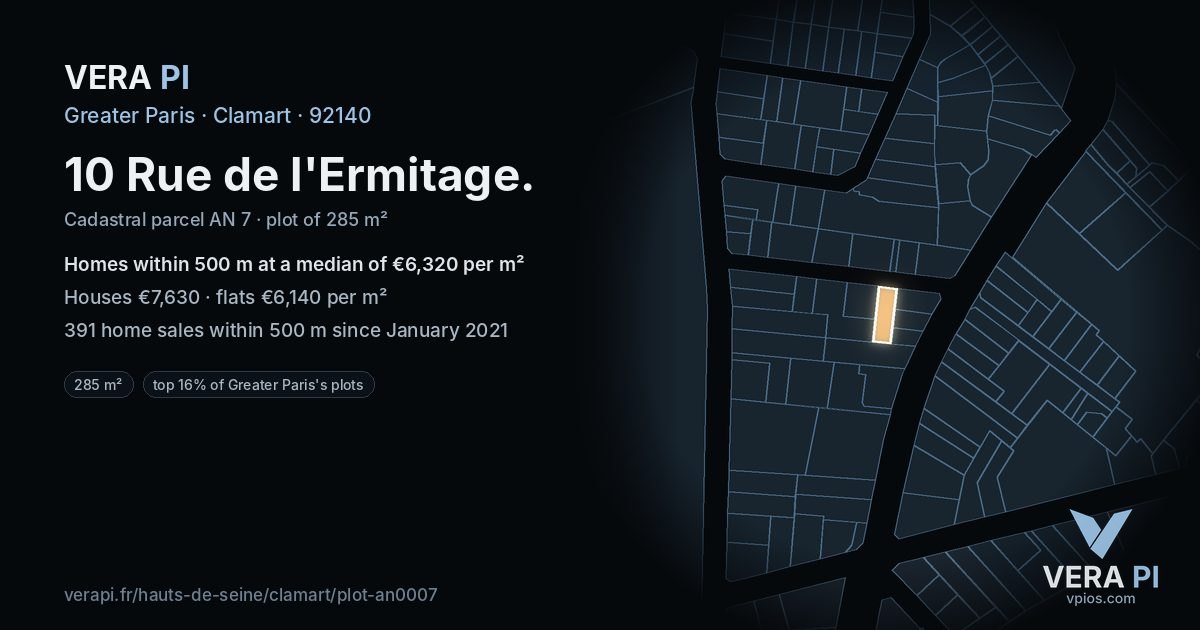 10 Rue de l'Ermitage, Clamart at night – the plot lit, the parcels around coloured by the prices near them